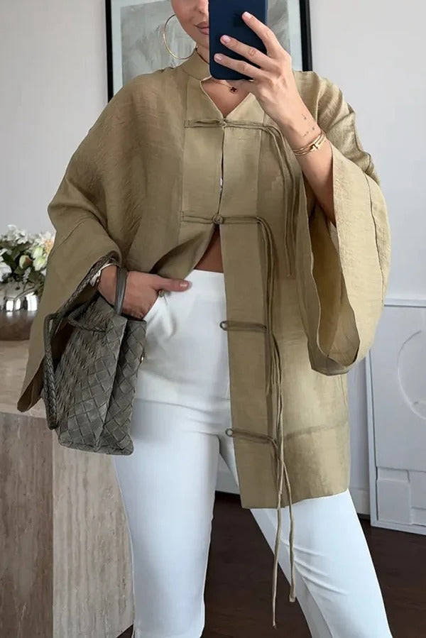 Jessenia Sheer Chinese-style Button Detail Long Sleeve Relaxed Blouse
