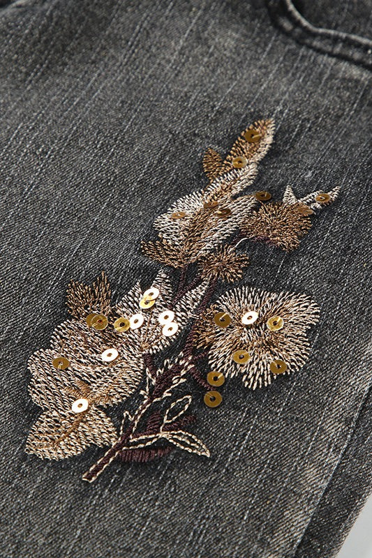 Sequin Embroidered Low Rise Wide Flare Leg Jeans