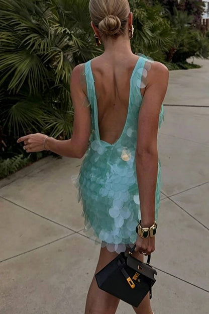 Shimmer and Glisten Sequin Boat Neck Sleeveless Open Back Mini Dress