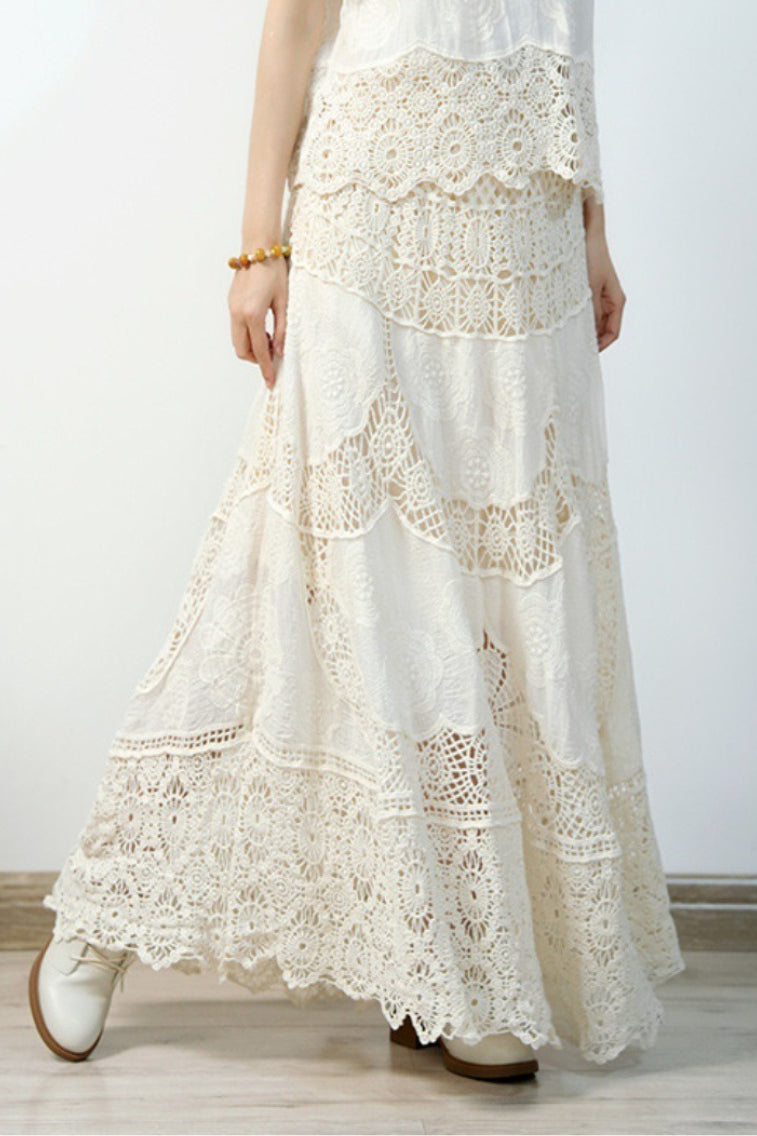 Lace Crochet Hollow Out Wide Hem Boho Skirt