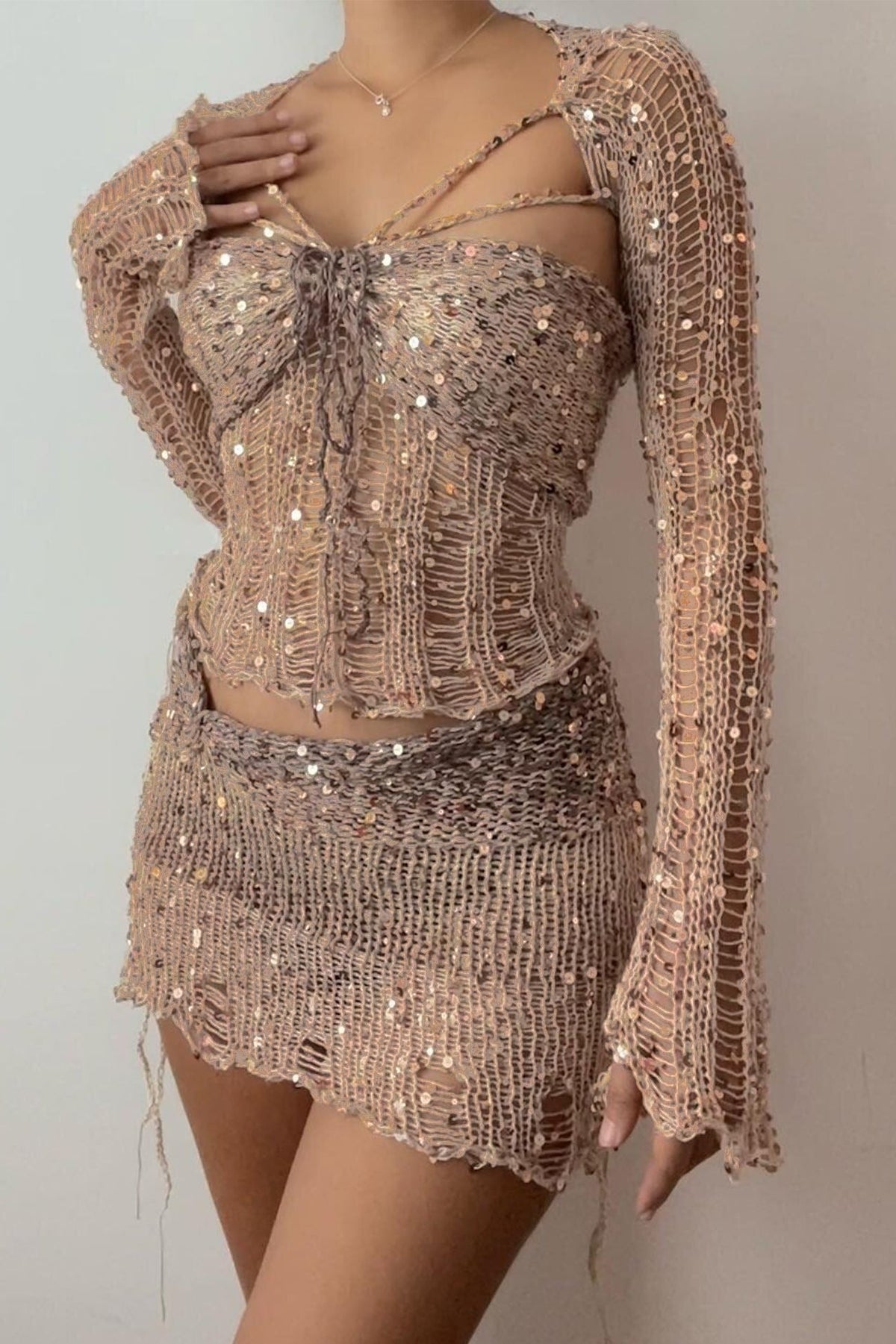 Sequin Knit Cutout Sweater Three Piece Skirt Set
