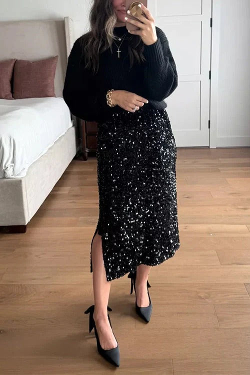 Side Slit Glitter Sequin Midi Skirt