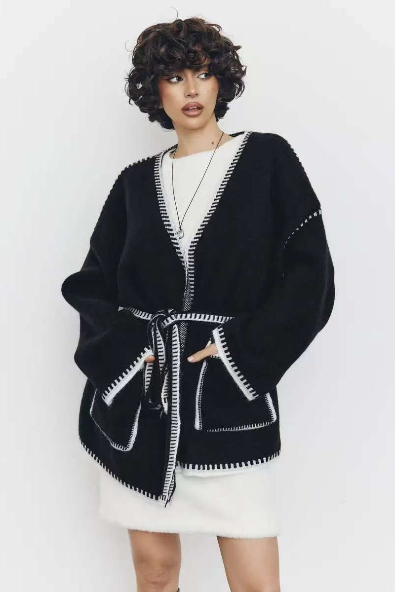 Tie Front Color Block Cardigan