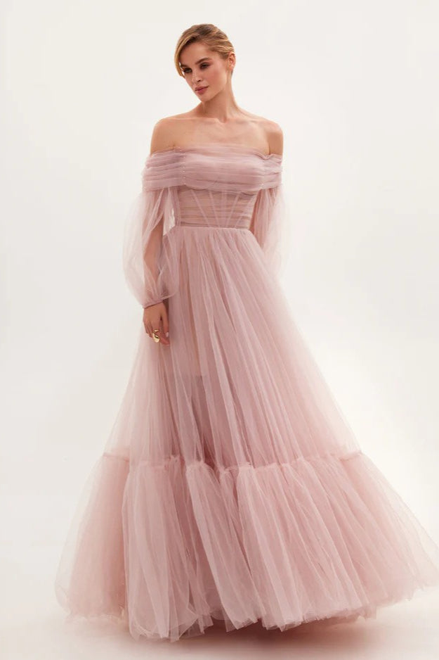 Off Shoulder Mesh Long Sleeve Prom Dress