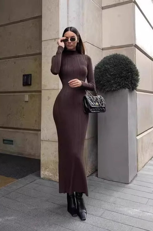 Stripe Turtleneck Knit Long Sleeve Bodycon Dress