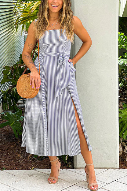 BLACK STRIPED MIDI DRESS WITH POCKETS
