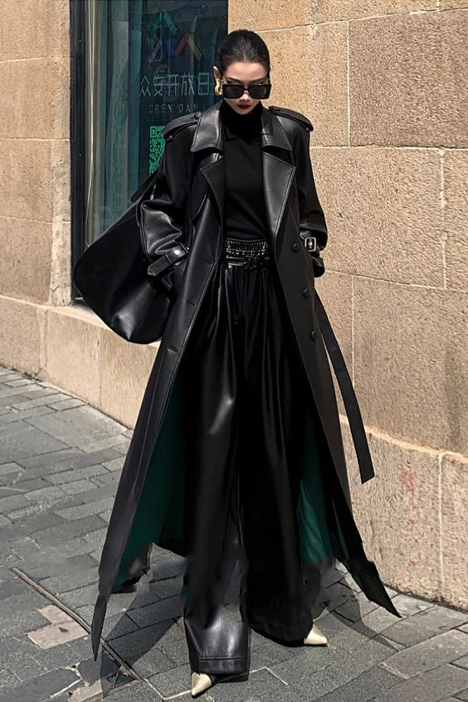 Layered PU Leather Waist-Cinching Long Overcoat