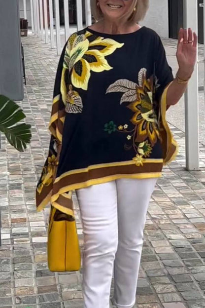 Vacation-Style Printed Batwing Sleeve Top