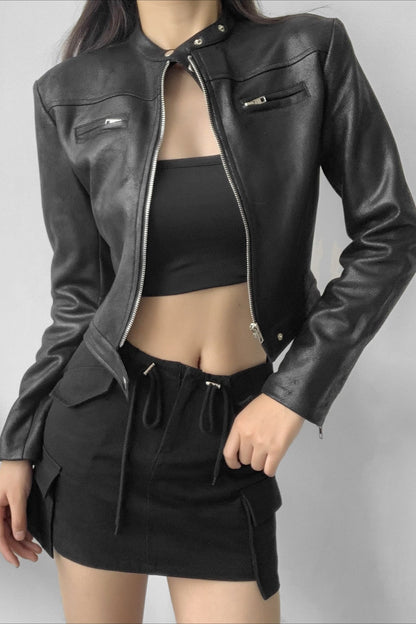 Refined Stand Collar Cropped Moto Jacket