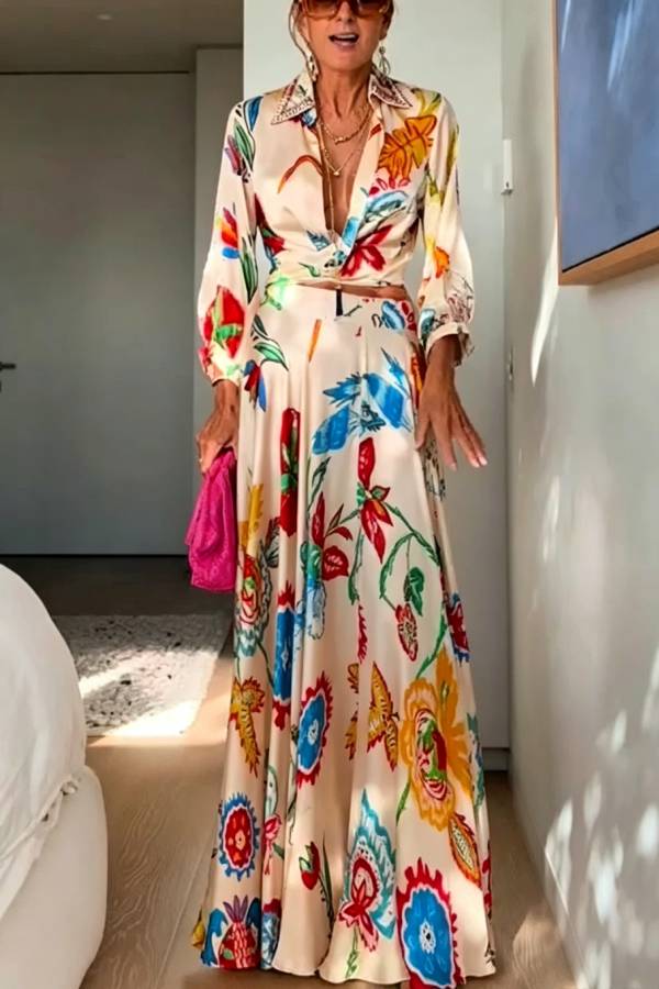 Sanganer Artistic Floral Print Tie-up Crop Blouse and High High Flare Maxi Skirt Set