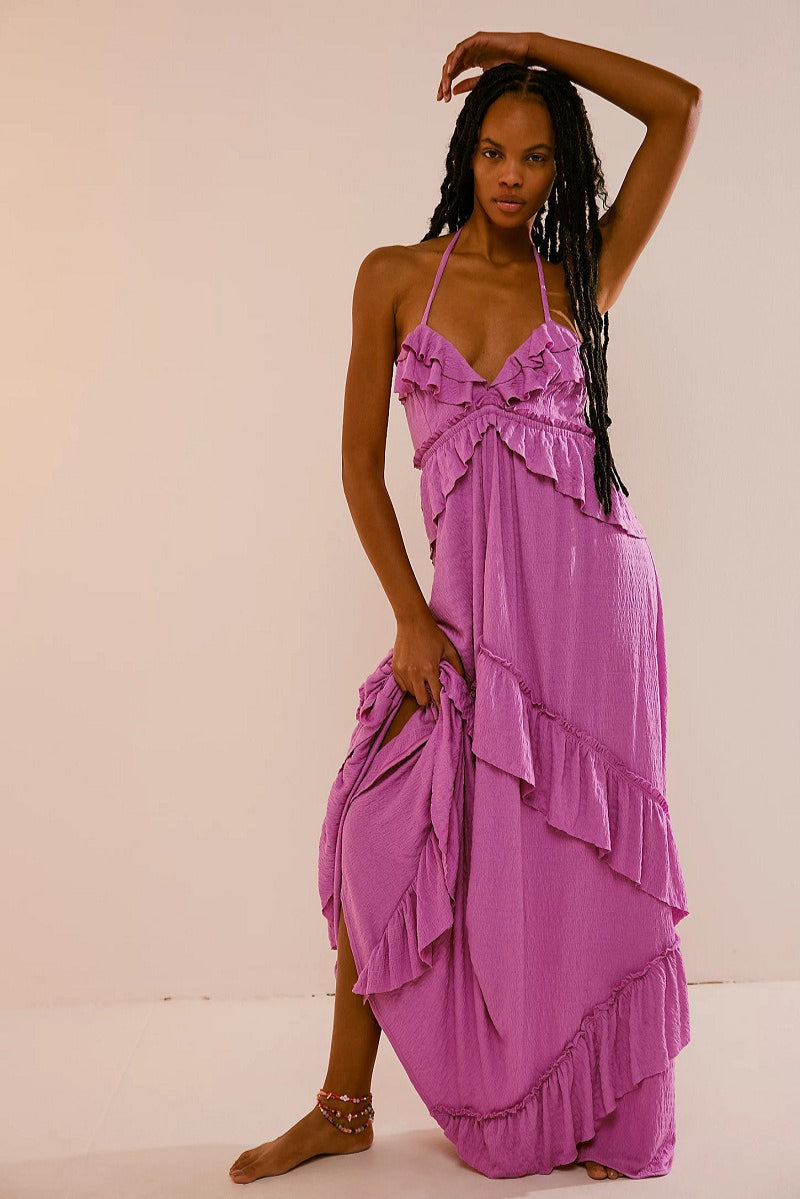 Solid Color V Neck Backless Strappy Boho Dress