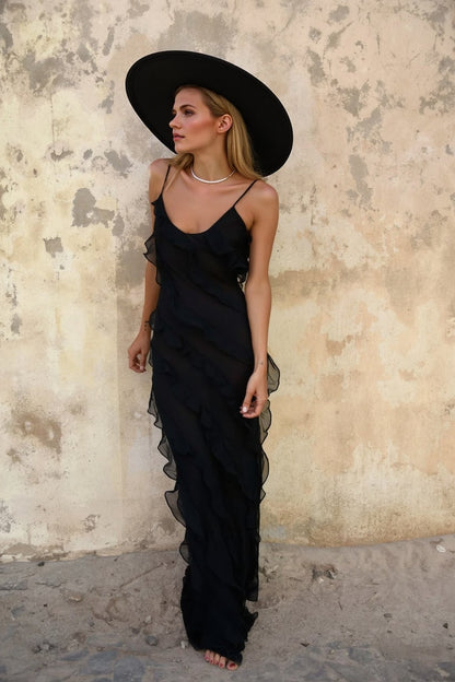 Sexy Backless Slit Fitted Spaghetti Strap Chiffon Ruffled Party Dress