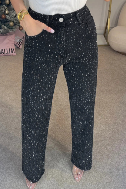 Rhinestone Washed High Waist Straight Jeans