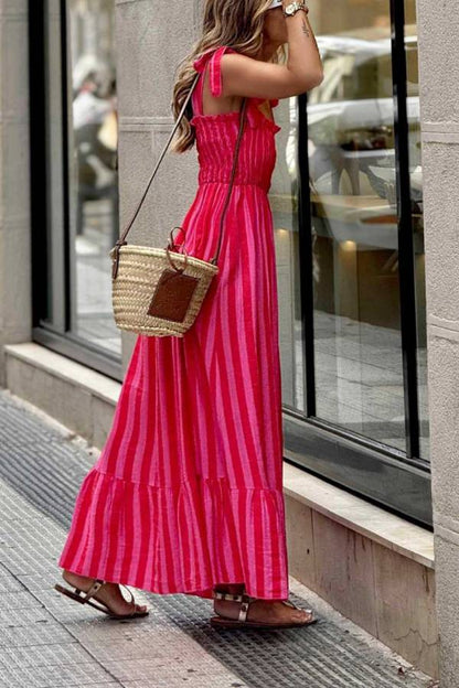 Tie Strap Smocked Waist Color Block Vertical Stripe Ruffle Maxi Vacation Dress
