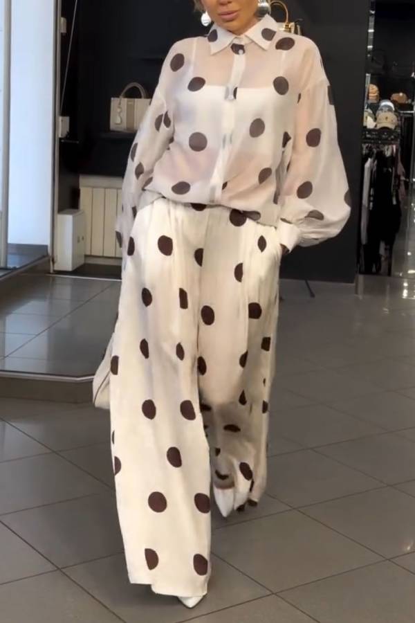 Coffee Polka Dot Satin Sheer Shirt & Wide Leg Pants Two-Piece Set