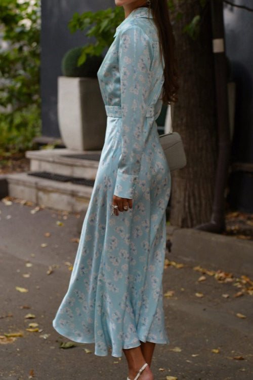 Satin Floral Collar Long Sleeve Floral Dress