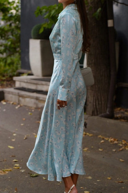 Satin Floral Collar Long Sleeve Floral Dress