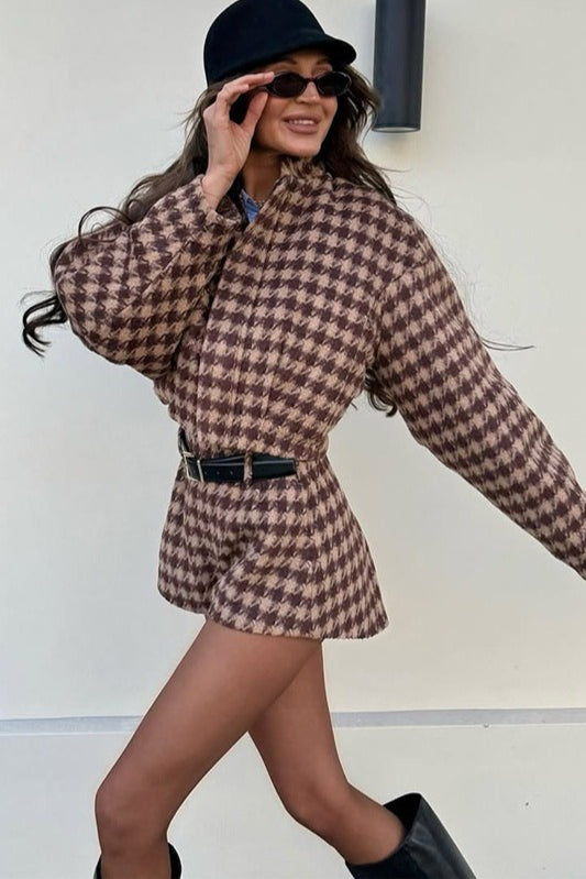 Stand Collar Cropped Two Piece Jacket Shorts Set