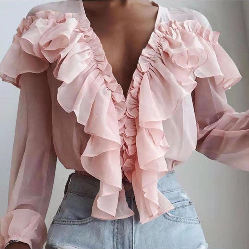 Loose-fit V-neck pullover chiffon shirt with ruffles