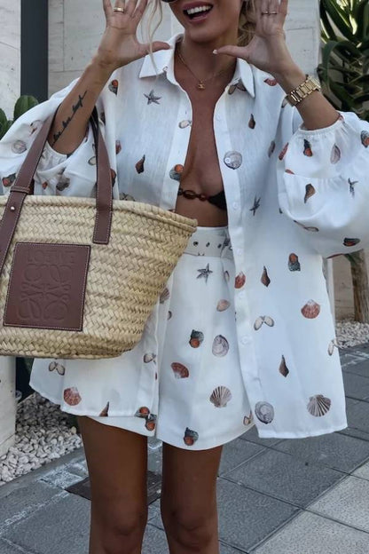 Seashell & Starfish Print Puff Sleeve Shirt + High-Waisted Shorts Set