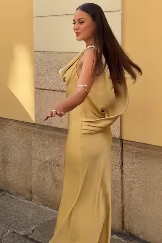 Draped Neck Backless Waist Cinch Elegant Formal Dress