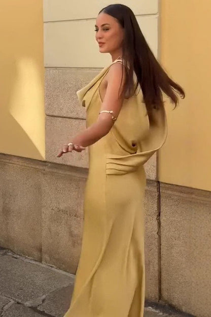 Satin Cowl Neck Wide Strap Sleeveless Bias Cut Maxi Gown