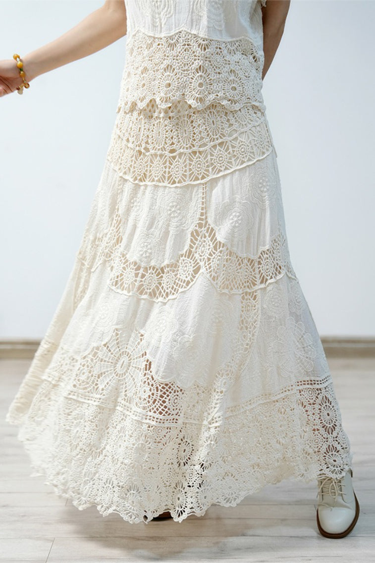 Lace Crochet Hollow Out Wide Hem Boho Skirt