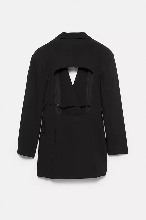 Yulissa Single Button Long Sleeve Fitted Waist Open Back Pocketed Lapel Blazer