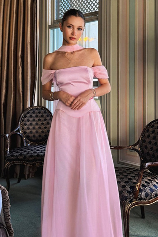 Satin Mesh Off Shoulder Prom Dress