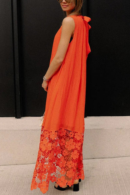 Breezy Comfort Tie-up Neck Sleeveless Floral Lace Hem Maxi Dress