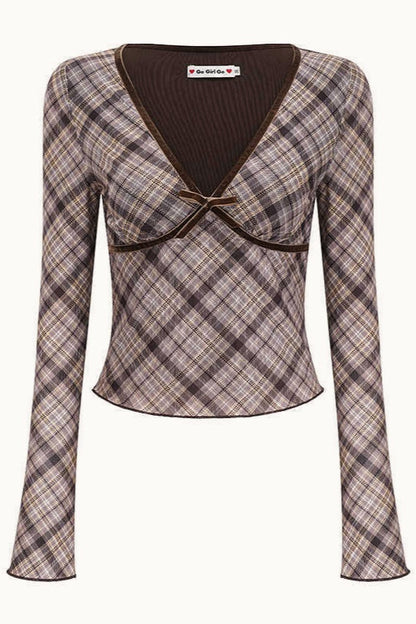 Deep V Neck Plaid Bodycon Cropped Long Sleeve Tee