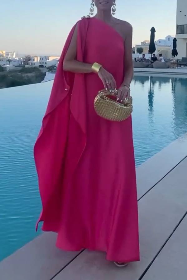 Raspberry Pink One-Shoulder Cape Flowy Maxi Dress