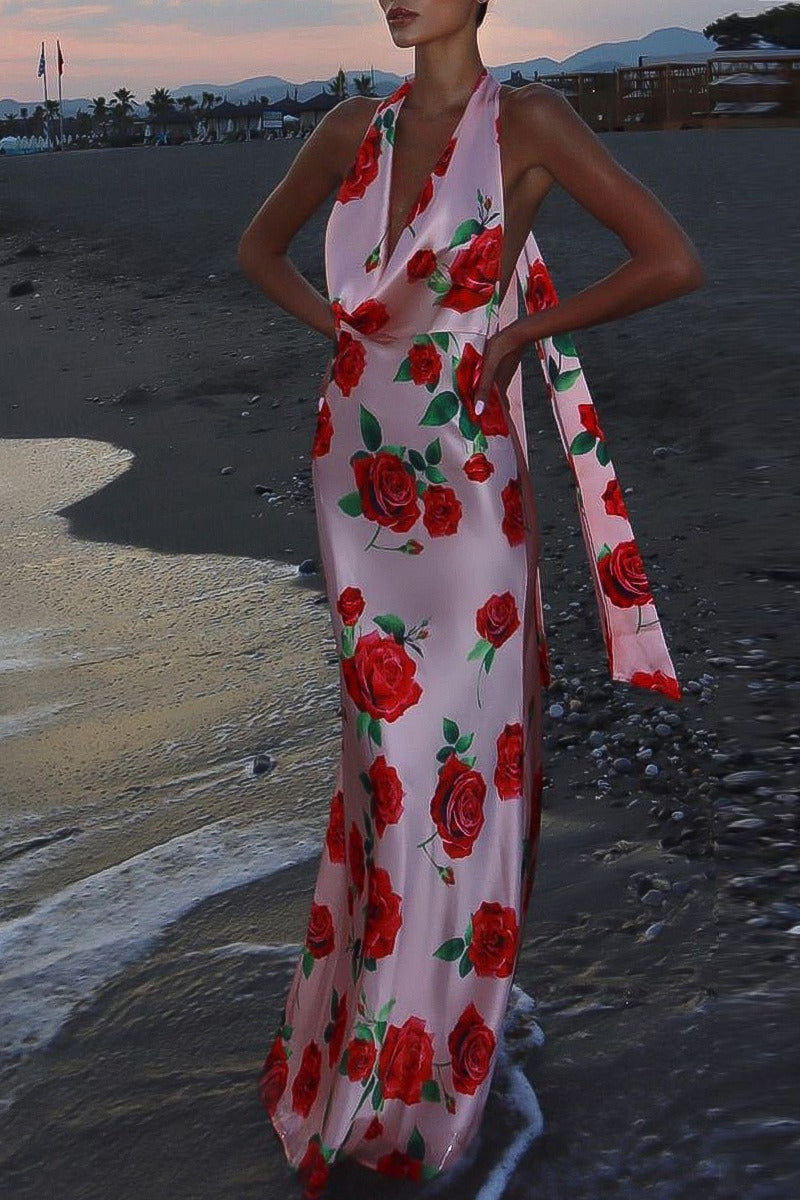 Printed Halter Backless Maxi Silk Dress
