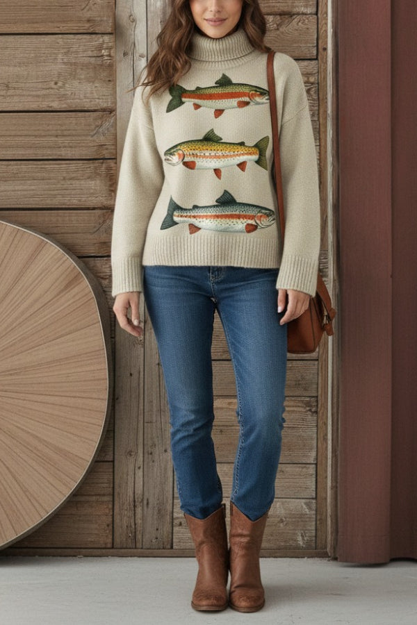 Trout print high-neck loose-fitting sweater