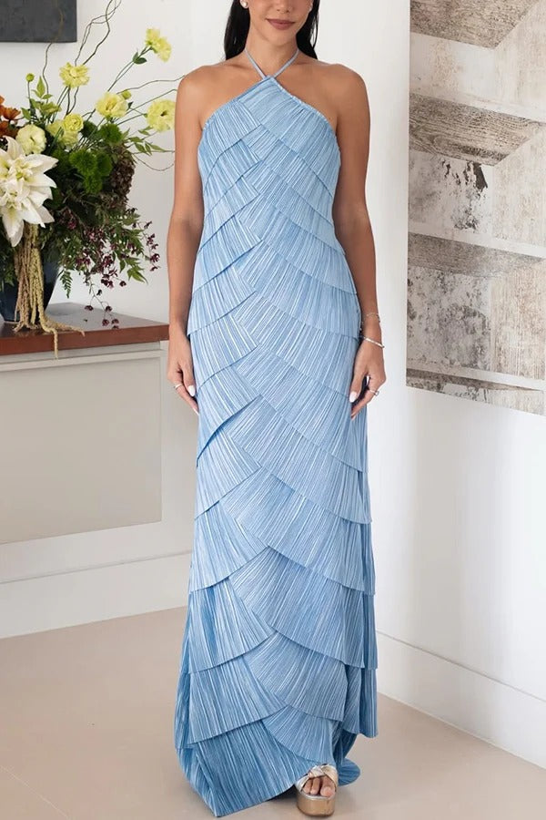 Modern Day Glam Tiered Pleat Design Sleeveless Halter Gown Maxi Dress