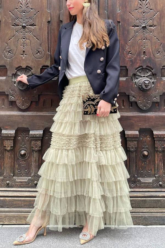 City Empress Tiered Elastic Waist Tulle Maxi Skirt