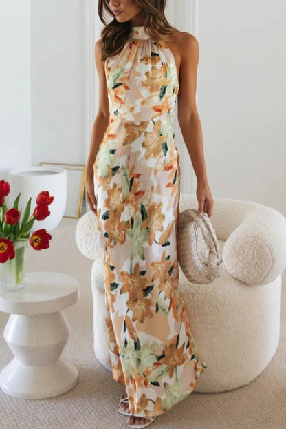 Floral Print Sleeveless Halter Neck Tie Holiday Maxi Dress