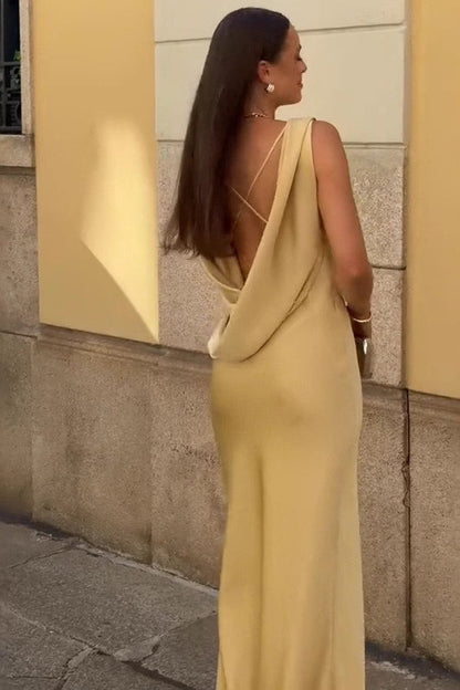 Draped Neck Backless Waist Cinch Elegant Formal Dress