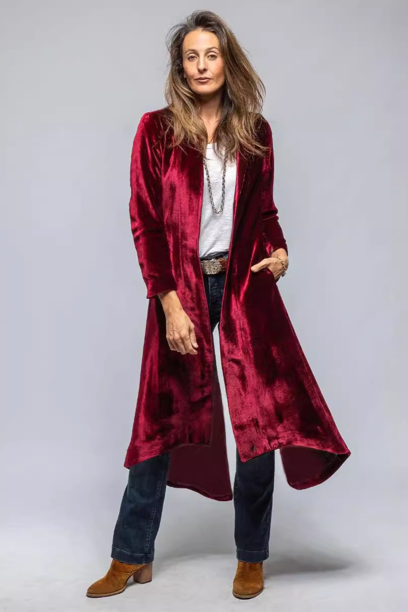Velvet Solid Vintage Split Long Loose Cardigan Overcoat