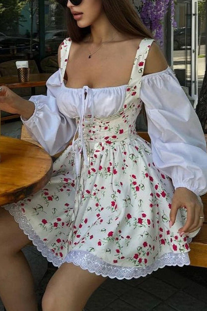 Two Piece Puff Sleeve Strapless Floral Dress
