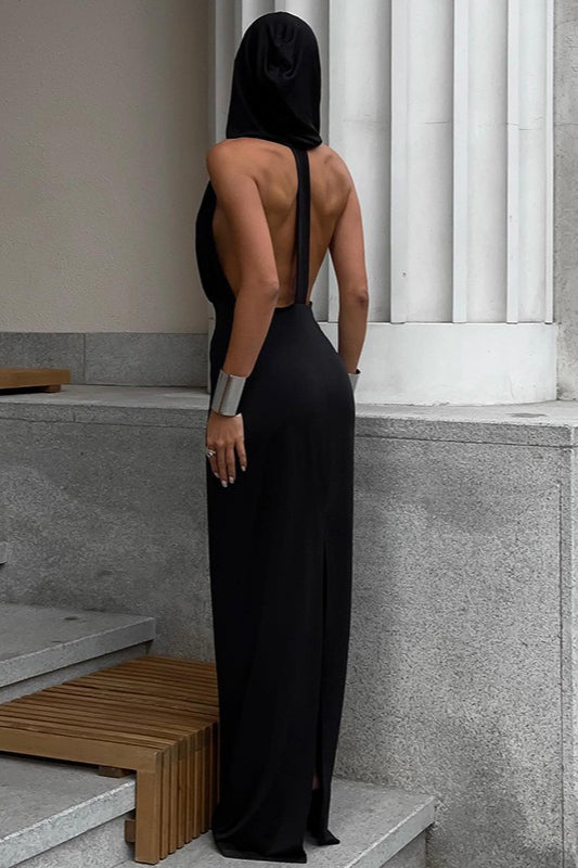 V Neck Backless Hooded Bodycon Dress