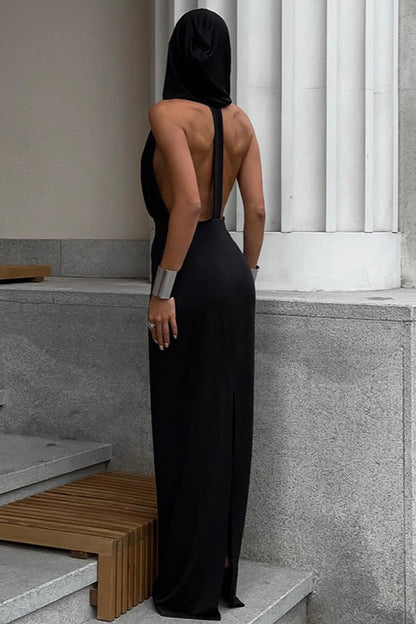 Hooded Deep V-Neck Sleeveless Column Maxi Dress