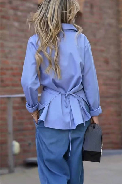 Unique Street Button Up Long Sleeve Slit and Tie-up Hem Blouse