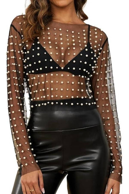 Sheer Long-Sleeved Blouse with Pearl Embellishments