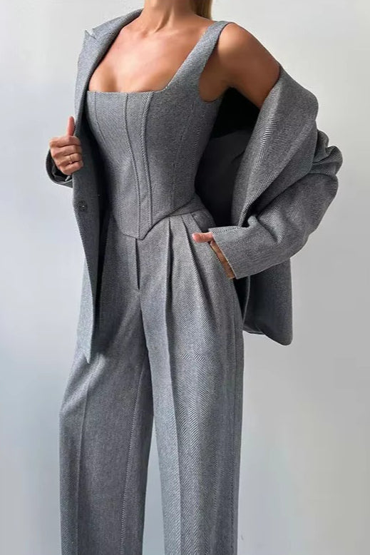 Layered Corset Style Three Piece Blazer Pants Set