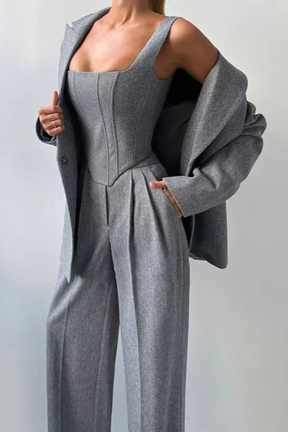 Layered Corset Style Three Piece Blazer Pants Set