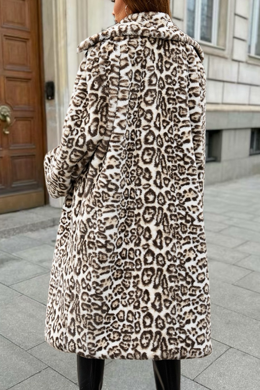 Leopard Faux Fur Knee Length Thick Plush Overcoat