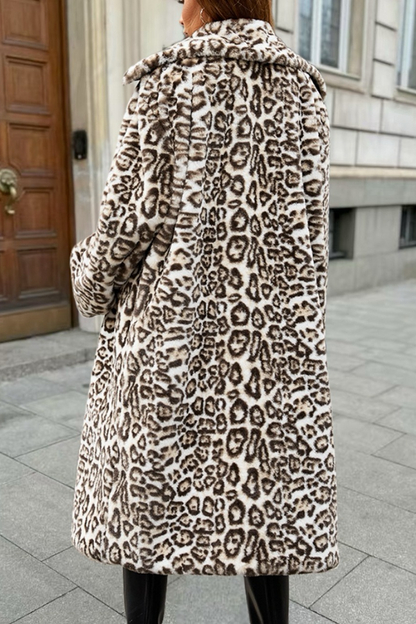 Leopard Faux Fur Knee Length Thick Plush Overcoat