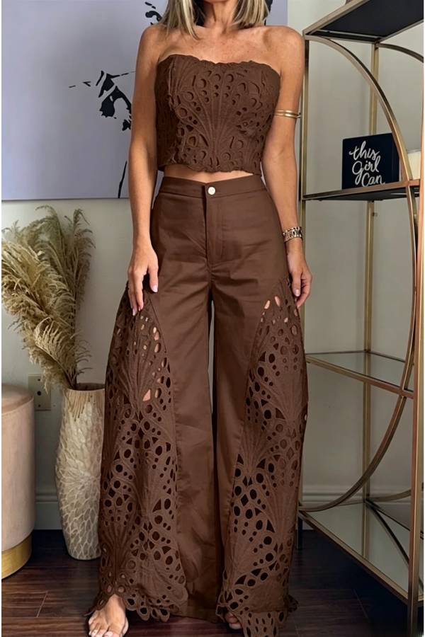 Sienna Embroidered Cut-Out Palazzo Pants Two-Piece Set
