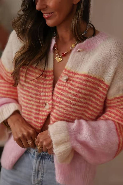 Color‑Block Stripe Cropped Mohair Knit Cardigan